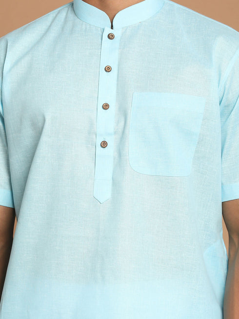 Vastramay Men's Aqua Bule Solid Kurta with White Pant style Cotton Pyjama Set